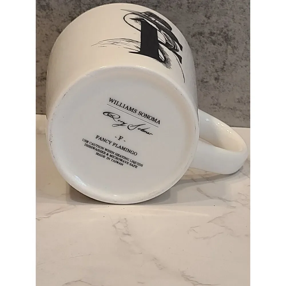 Williams Sonoma 'F' Initial Monogram Rory Dobner Art Mug Fancy Flamingo 19oz EUC